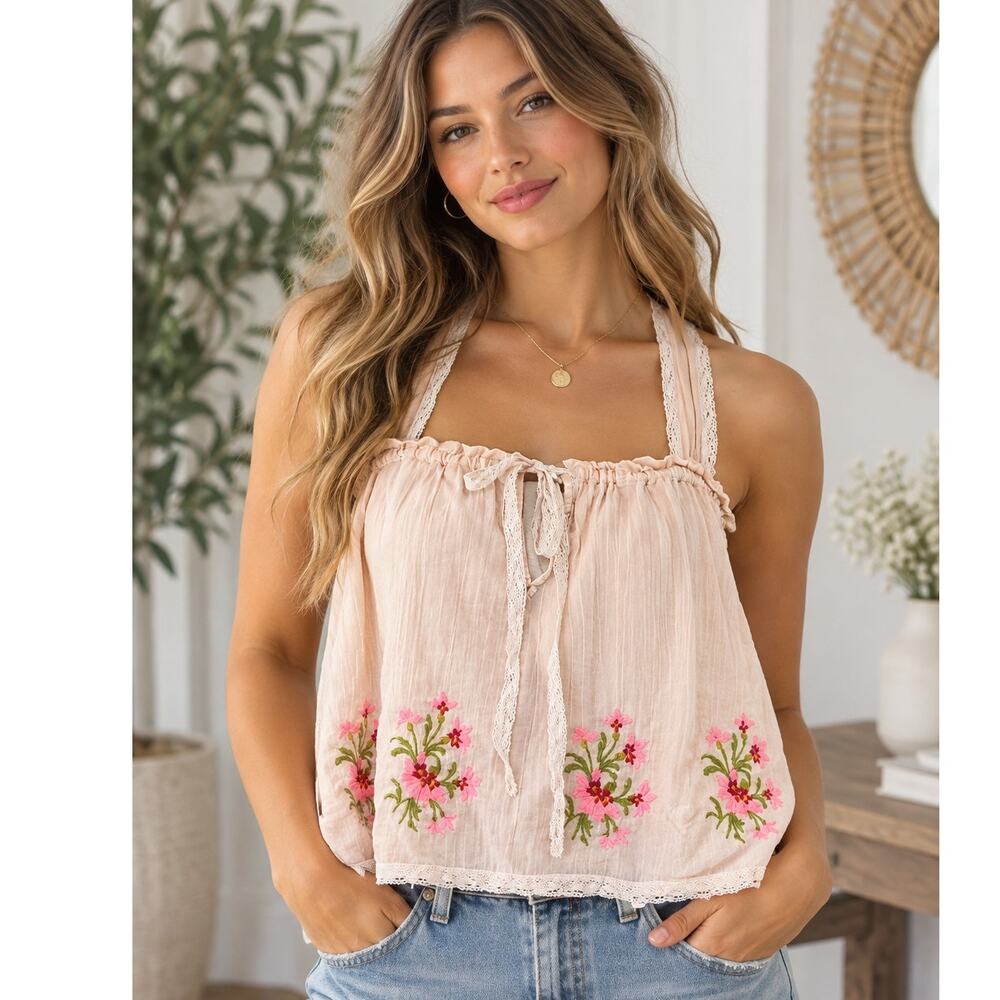Free People Light Pink Floral Embroidered Halter Top Women's Medium